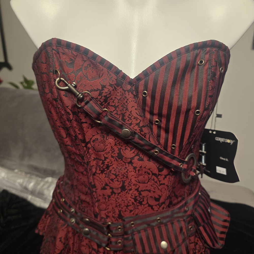 Red Striped & Brocade Strapless Corset Top